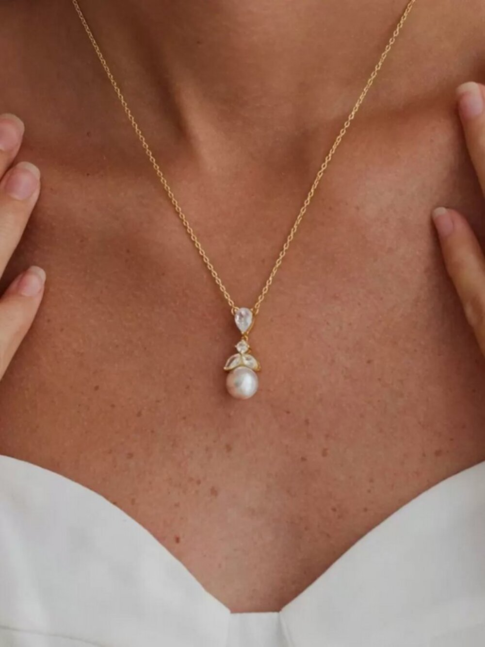 14K Gold Womens 2ct Diamond Solitaire Pearl Necklace Ladies 14 K Silver Jewelry